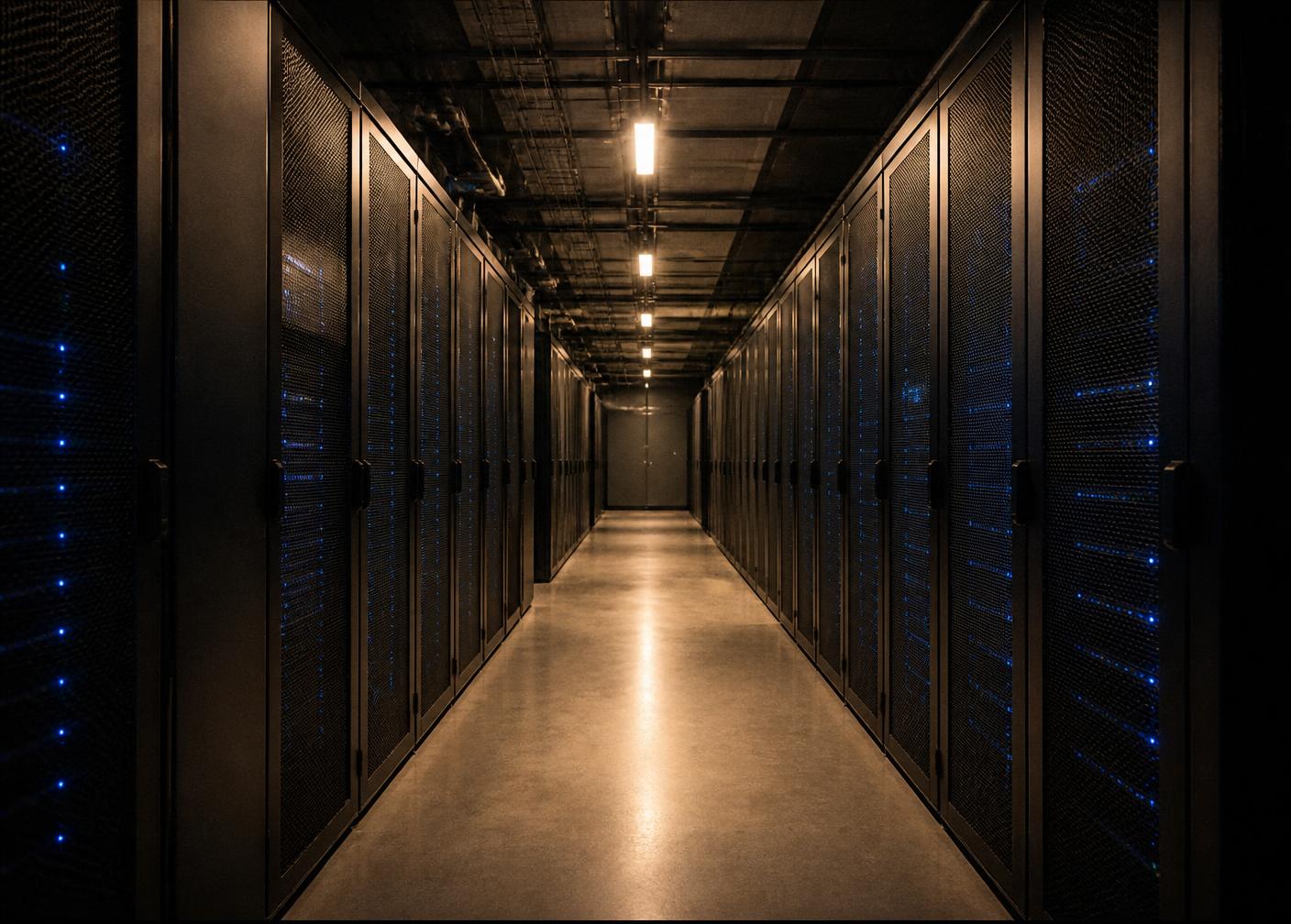 Aisle of dark server racks with blue indicator lights inside a data centre