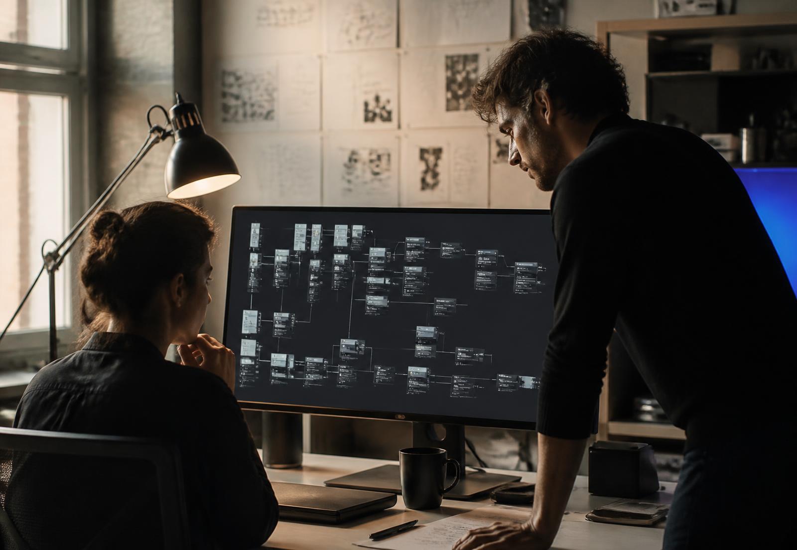 Two engineers studying a software architecture diagram on a large monitor in a quiet daylit workspace