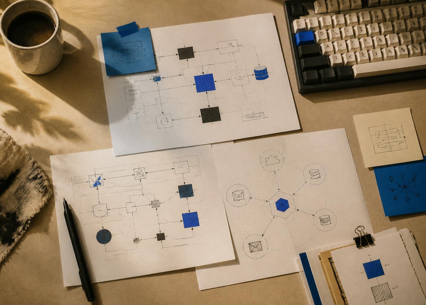 Integration diagrams and data flow sketches laid out on a desk beside a mechanical keyboard