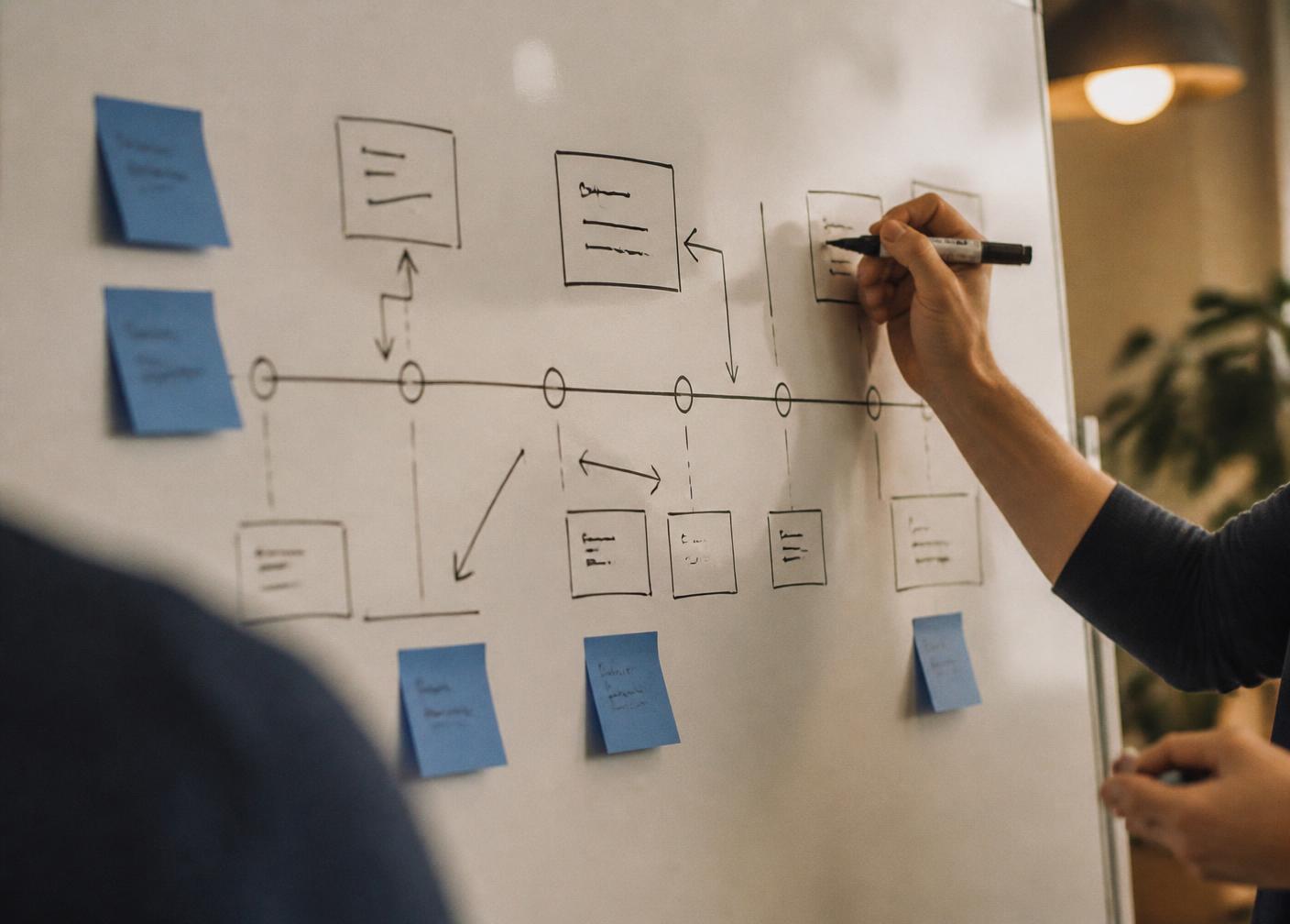 A person sketching a delivery timeline on a whiteboard with blue sticky notes during a planning session
